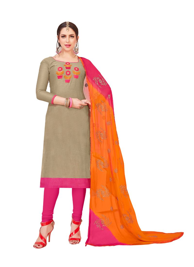 Women's Modal Silk Unstitched Salwar-Suit Material With Dupatta (Light Brown, 2-2.5mtrs) - GillKart