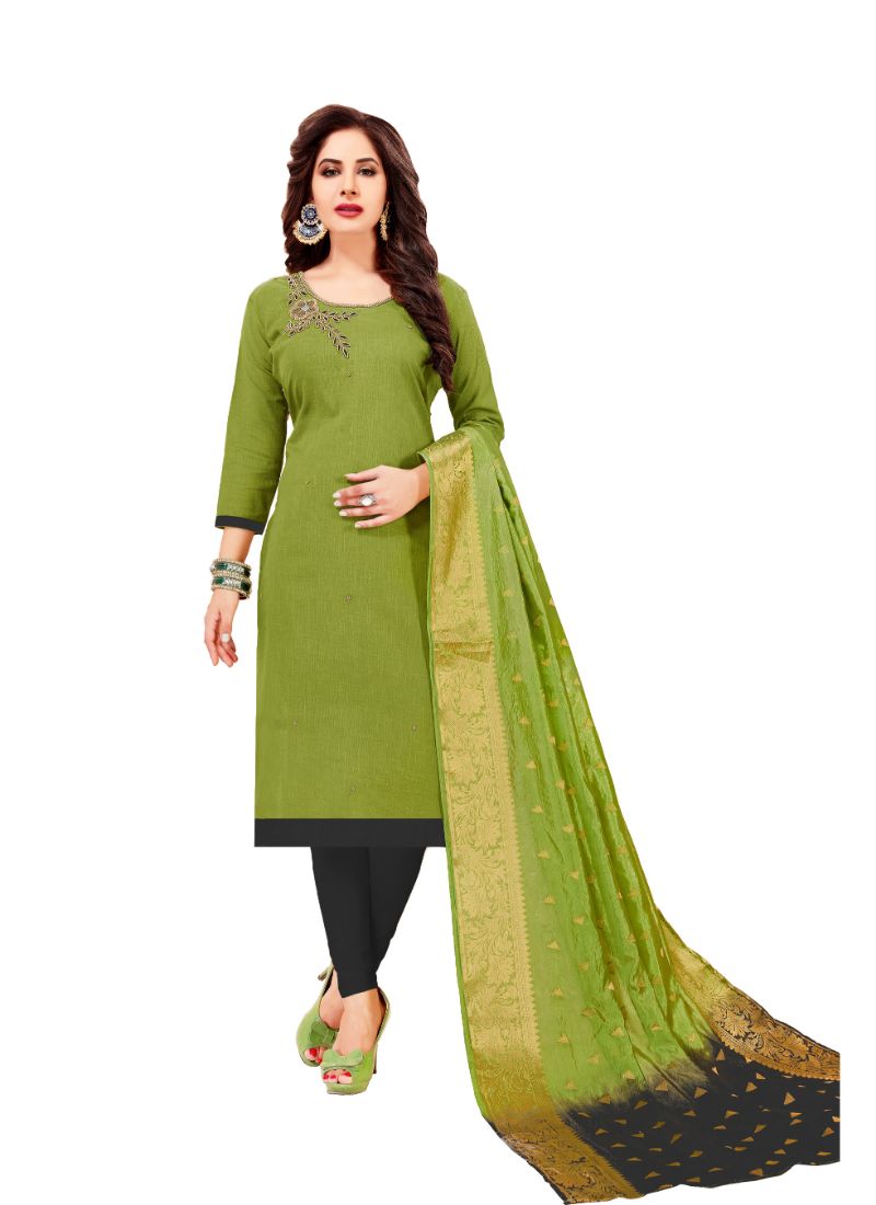 Women's Slub Cotton Unstitched Salwar-Suit Material With Dupatta (Green, 2-2.5mtrs) - GillKart