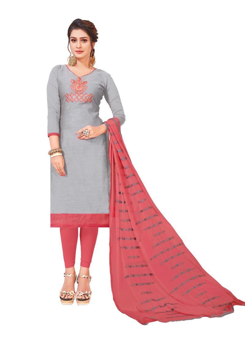 Women's Modal Silk Unstitched Salwar-Suit Material With Dupatta (Ash , 2-2.5mtrs) - GillKart