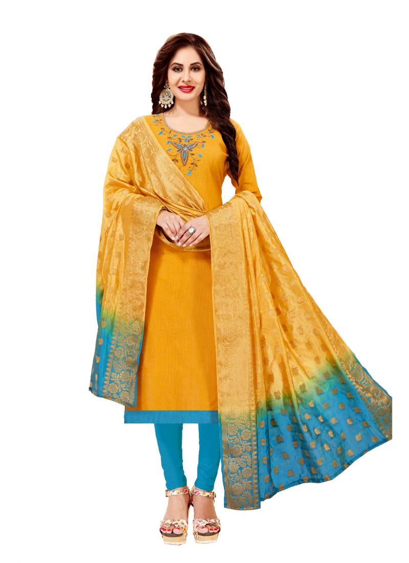 Women's Slub Cotton Unstitched Salwar-Suit Material With Dupatta (Yellow, 2-2.5mtrs) - GillKart