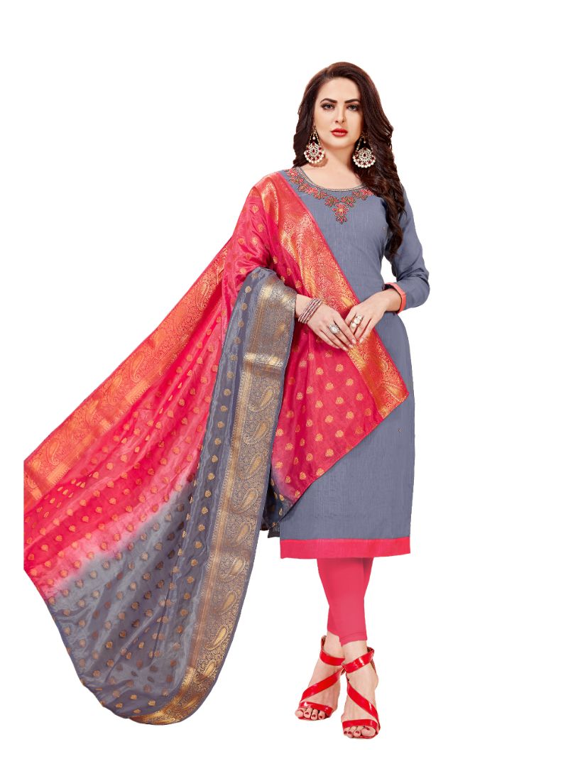 Women's Slub Cotton Unstitched Salwar-Suit Material With Dupatta (Grey, 2-2.5mtrs) - GillKart