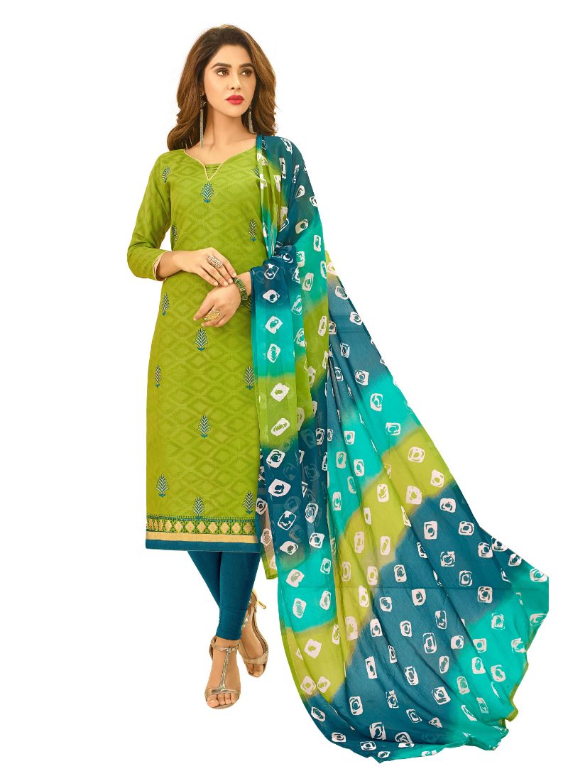 Women's Cotton Jacquard Unstitched Salwar-Suit Material With Dupatta (Green, 2 Mtr) - GillKart