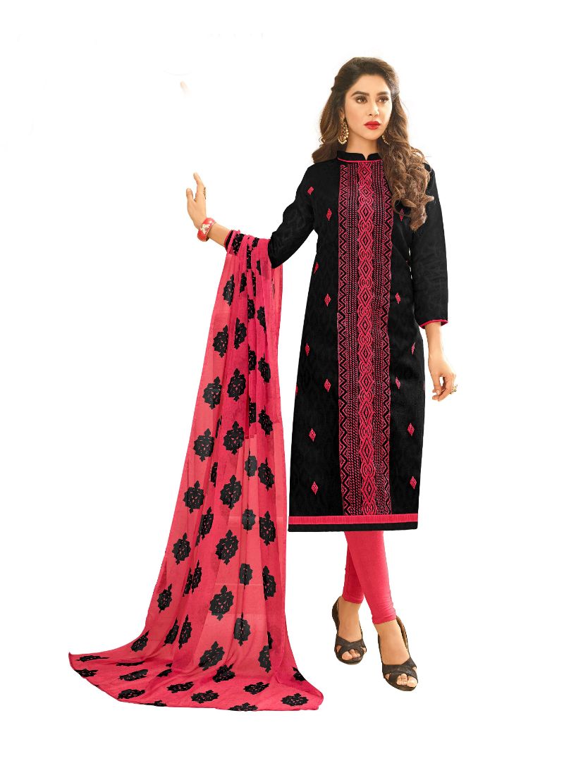 Women's Cotton Jacquard Unstitched Salwar-Suit Material With Dupatta (Black, 2 Mtr) - GillKart