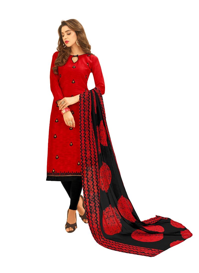 Women's Cotton Jacquard Unstitched Salwar-Suit Material With Dupatta (Red, 2 Mtr) - GillKart