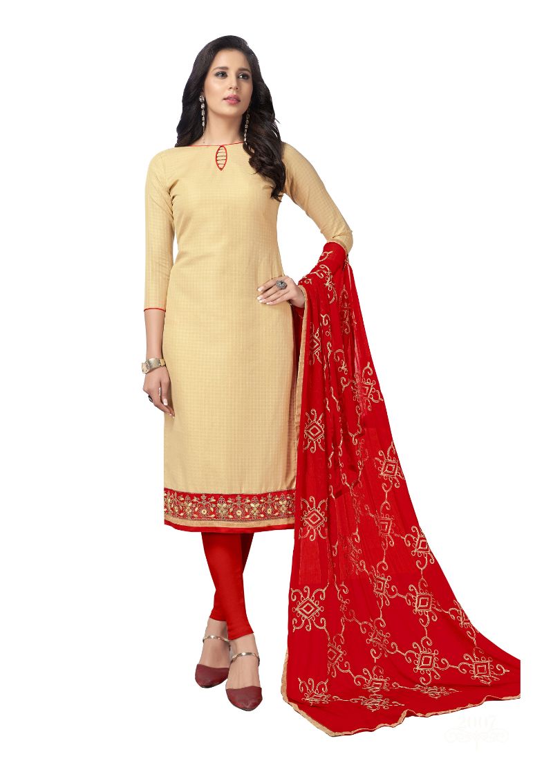 Women's Cotton Unstitched Salwar-Suit Material With Dupatta (Beige, 2 Mtr) - GillKart