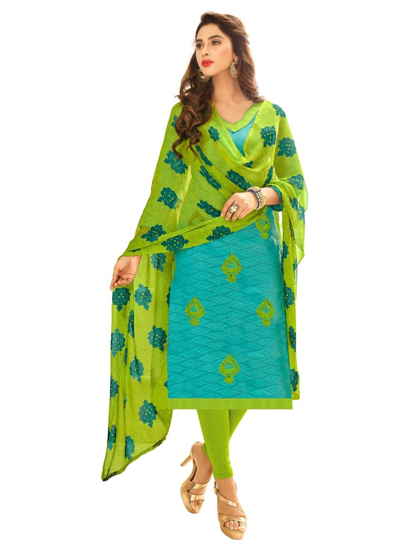 Women's Cotton Jacquard Unstitched Salwar-Suit Material With Dupatta (Turquoise Blue, 2 Mtr) - GillKart