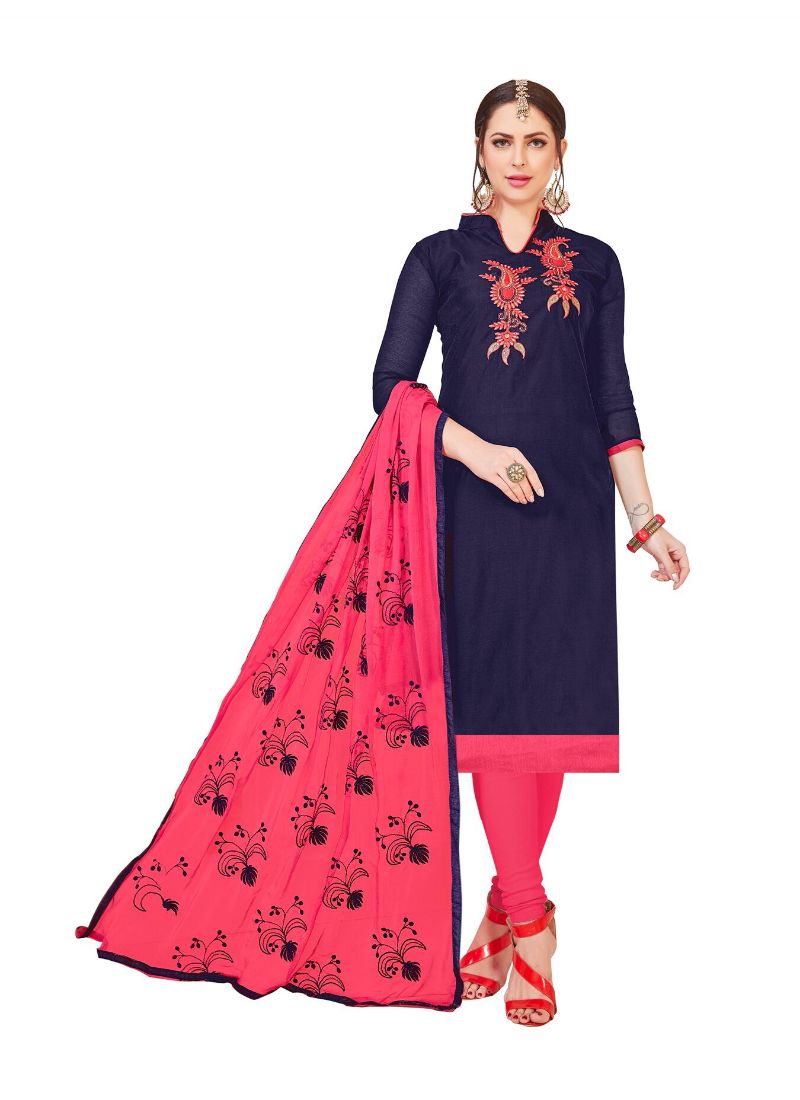 Women's Modal Silk Unstitched Salwar-Suit Material With Dupatta (Navy Blue, 2 Mtr) - GillKart