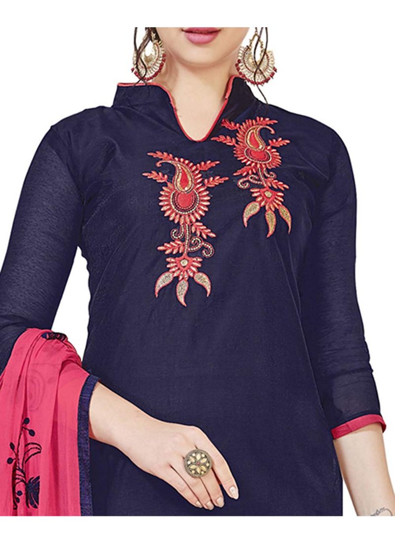 Women's Modal Silk Unstitched Salwar-Suit Material With Dupatta (Navy Blue, 2 Mtr) - GillKart