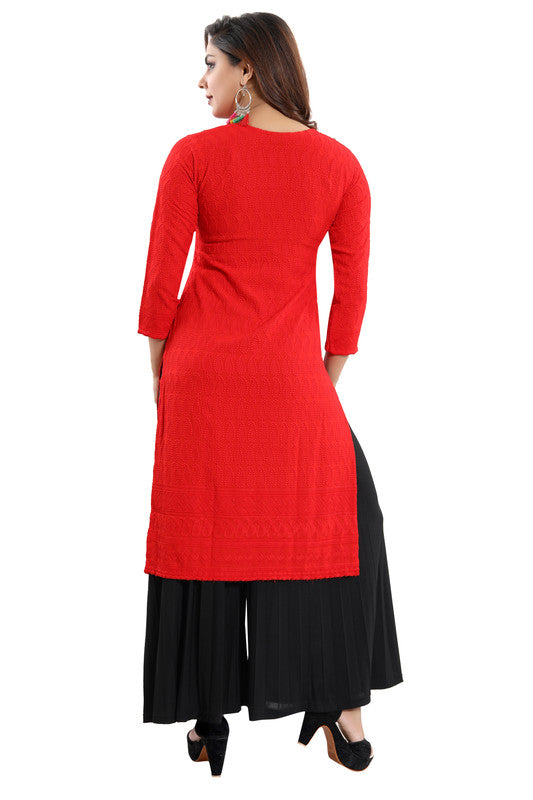 Women's Rayon Embroidered Straight Kurti-Red - GillKart