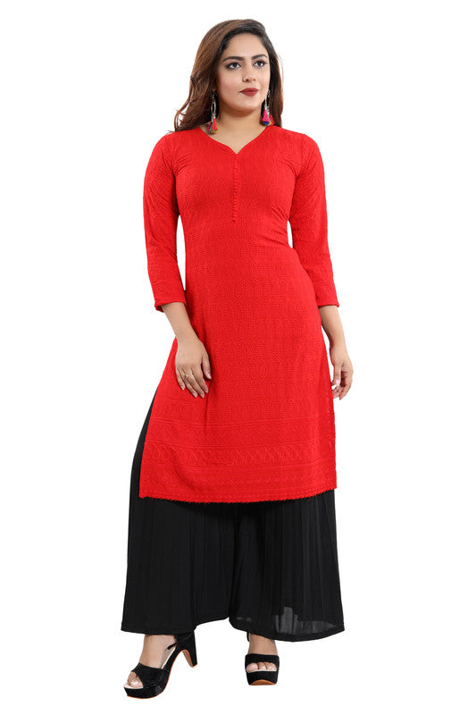 Women's Rayon Embroidered Straight Kurti-Red - GillKart