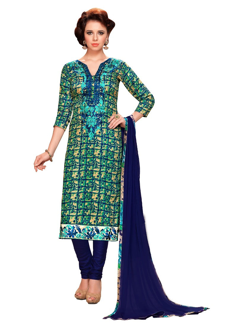 Women's Glaze Cotton Unstitched Salwar Suit-Material With Dupatta (Blue &amp; Green,2.3 Mtrs) - GillKart