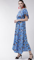 Women's Crepe Floral Half Sleeves Full Length Gown(Blue) - GillKart