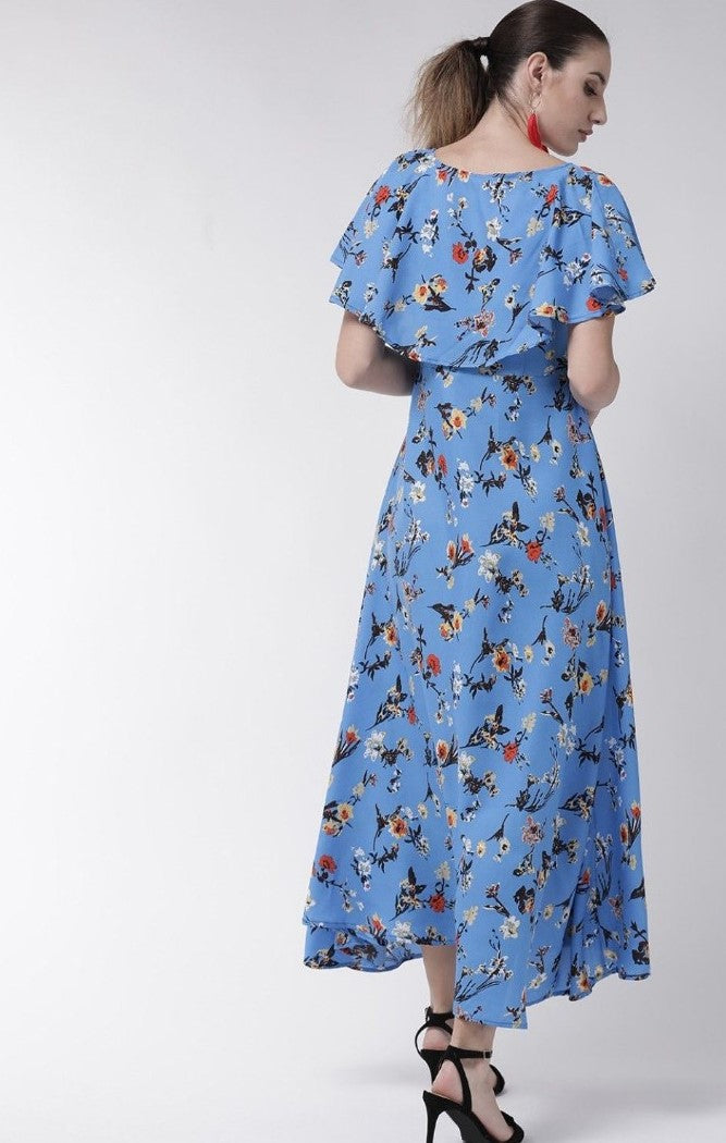 Women's Crepe Floral Half Sleeves Full Length Gown(Blue) - GillKart