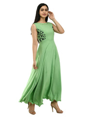 Women's Crepe Solid Sleeveless Full Length Gown(Green) - GillKart