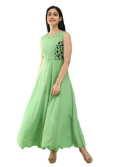 Women's Crepe Solid Sleeveless Full Length Gown(Green) - GillKart