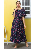 Women's Crepe Floral Half Sleeves Full Length Gown(Dark Blue) - GillKart