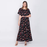 Women's Crepe Floral Half Sleeves Full Length Gown(Black) - GillKart