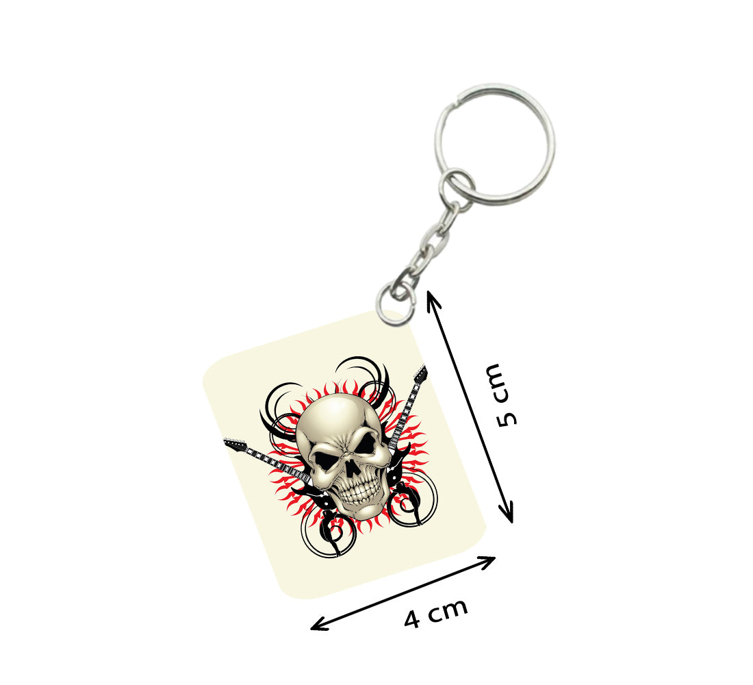 Pack Of 3_ Skull With Music One Side Printed Rectangle Designer Keychain (White) - GillKart