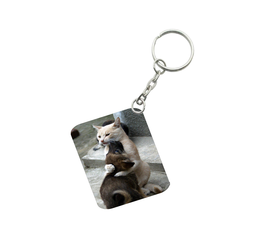 Pack Of 3_ Cat Love One Side Printed Rectangle Designer Keychain (Brown) - GillKart