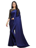 Women's Satin Saree With Blouse (Navy Blue, 5-6mtrs) - GillKart