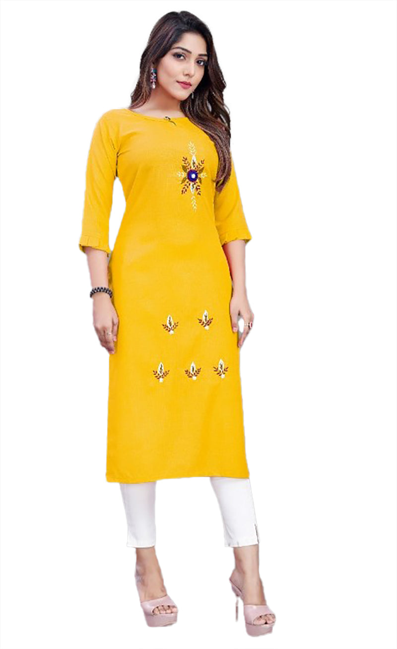 Women's Cotton Slub Straight Kurti (Yellow) - GillKart