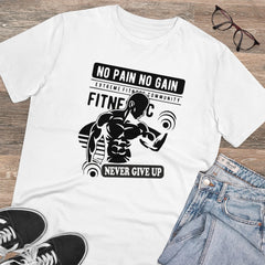 Men's PC Cotton Gym No Pain No Gain Never Give Up Printed T Shirt (Color: White, Thread Count: 180GSM) - GillKart