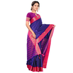 Women's Cotton Silk  Saree With Blouse (Blue, 5-6Mtrs) - GillKart