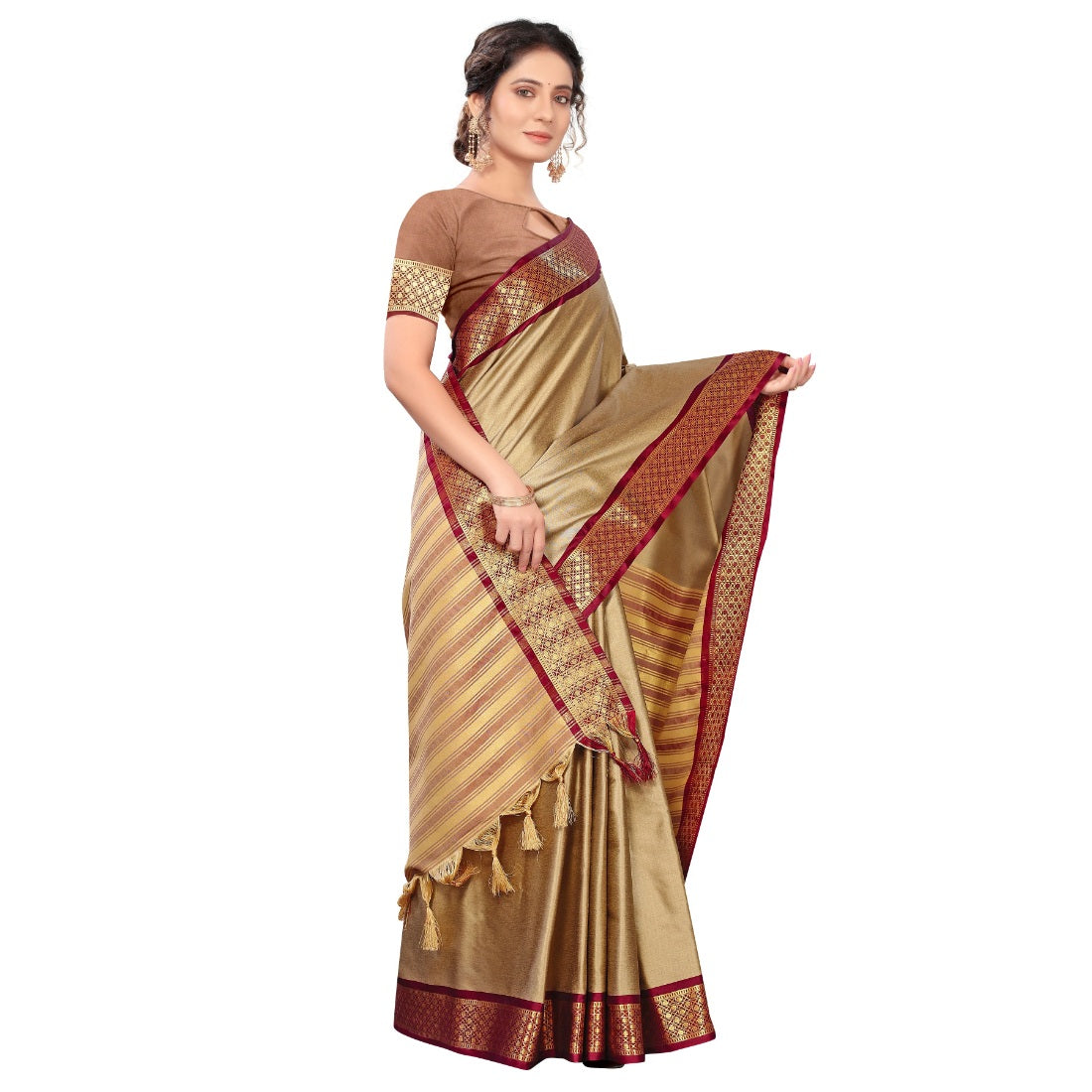 Women's Cotton Silk  Saree With Blouse (Beige, 5-6Mtrs) - GillKart