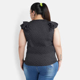 Women's Casual Flutter Sleeve Polka Print Black Top (Color:Black, Material:Crepe) - GillKart