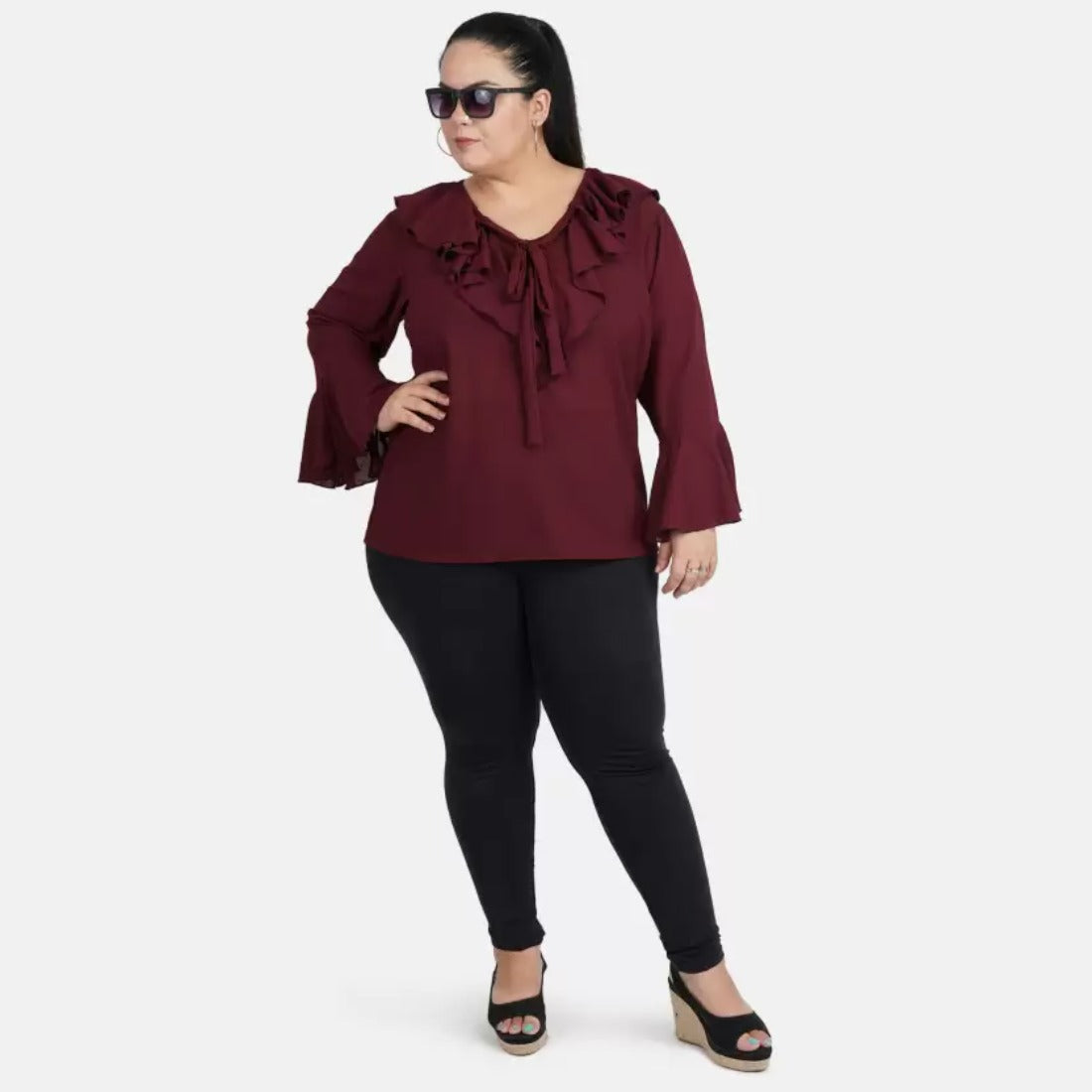 Women's Casual Bell Sleeve Solid Maroon Top (Color:Maroon, Material:Georgette) - GillKart