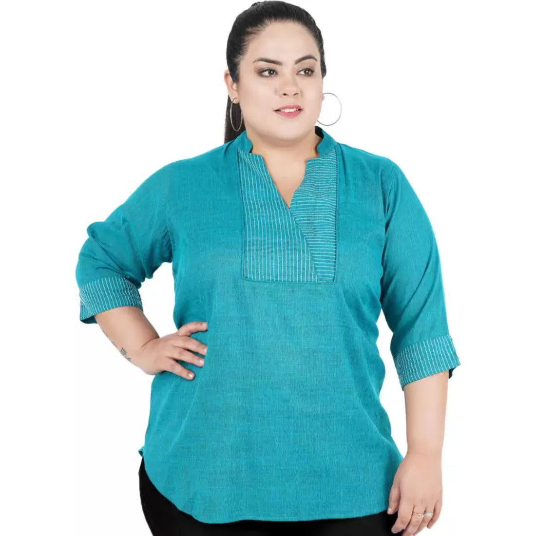 Women's Casual Three Fourth Sleeve Embroidered Light Green Top (Color:Light Blue, Material:Cotton Linen Blend) - GillKart