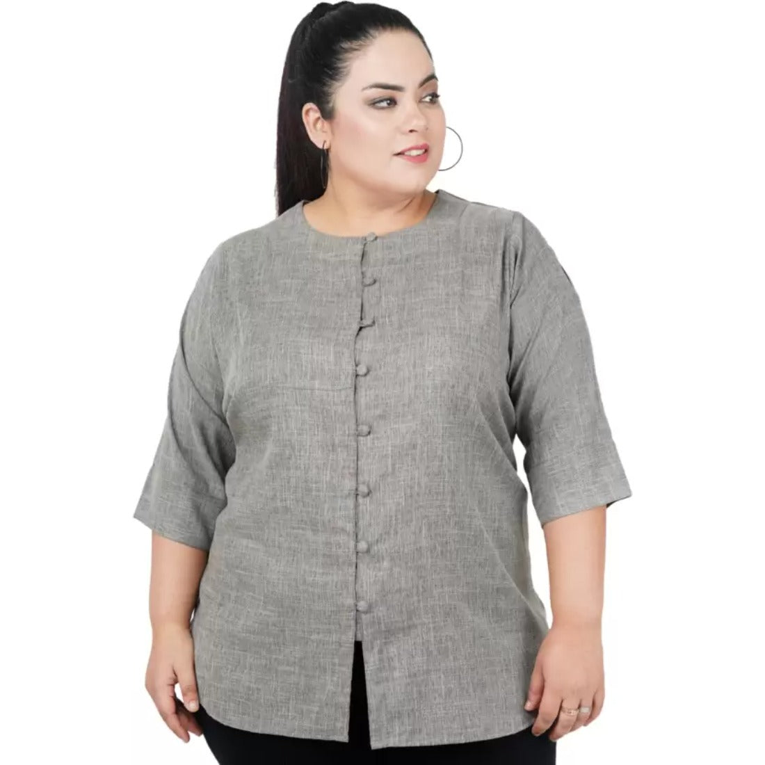 Women's Casual Solid Grey Top (Color:Grey, Material:Cotton Linen Blend) - GillKart