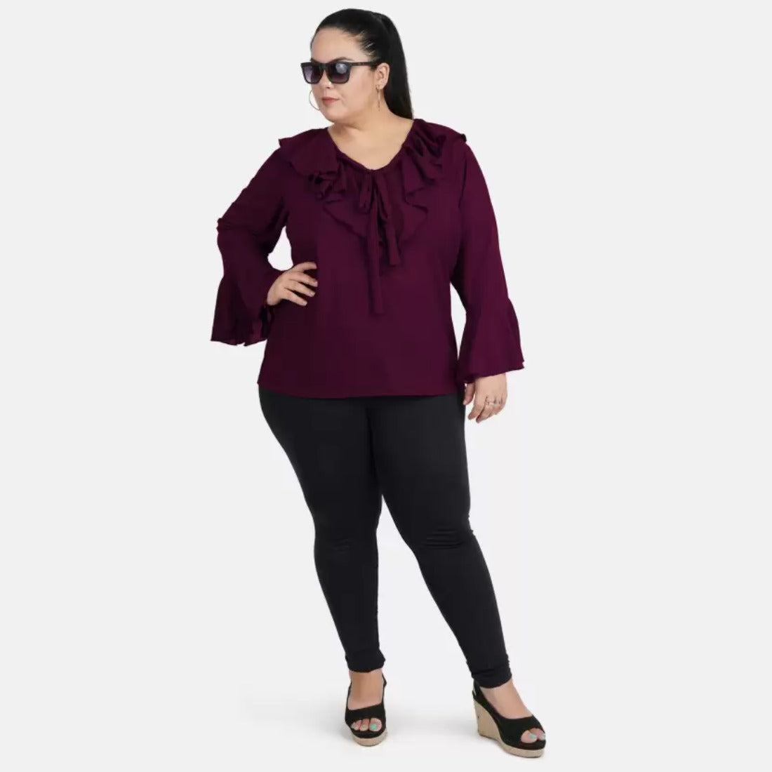 Women's Casual Bell Sleeve Solid Purple Top (Color:Purple, Material:Georgette) - GillKart