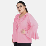 Women's Casual Bell Sleeve Solid Pink Top (Color:Pink, Material:Georgette) - GillKart