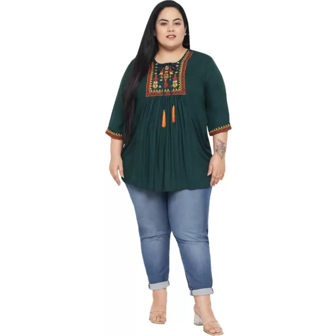 Women's Casual Embroidered Dark Green Top (Color:Dark Green, Material:Rayon) - GillKart