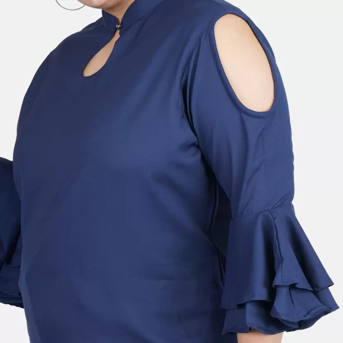 Women's Casual Bell Sleeve Solid Blue Top (Color:Blue, Material:Crepe) - GillKart