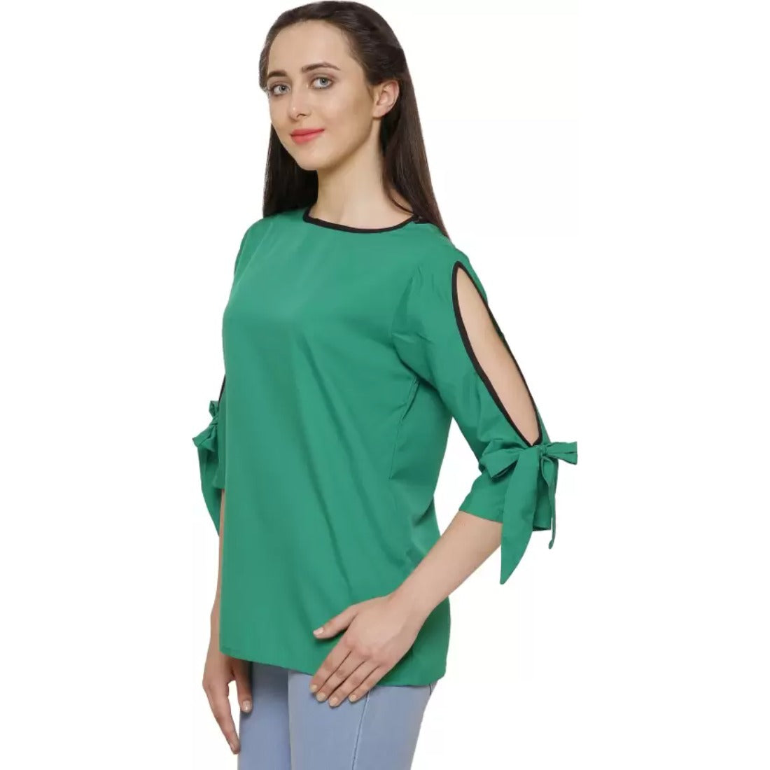 Women's Casual Slit Sleeve Solid Green Top (Color:Green, Material:Poly Crepe) - GillKart