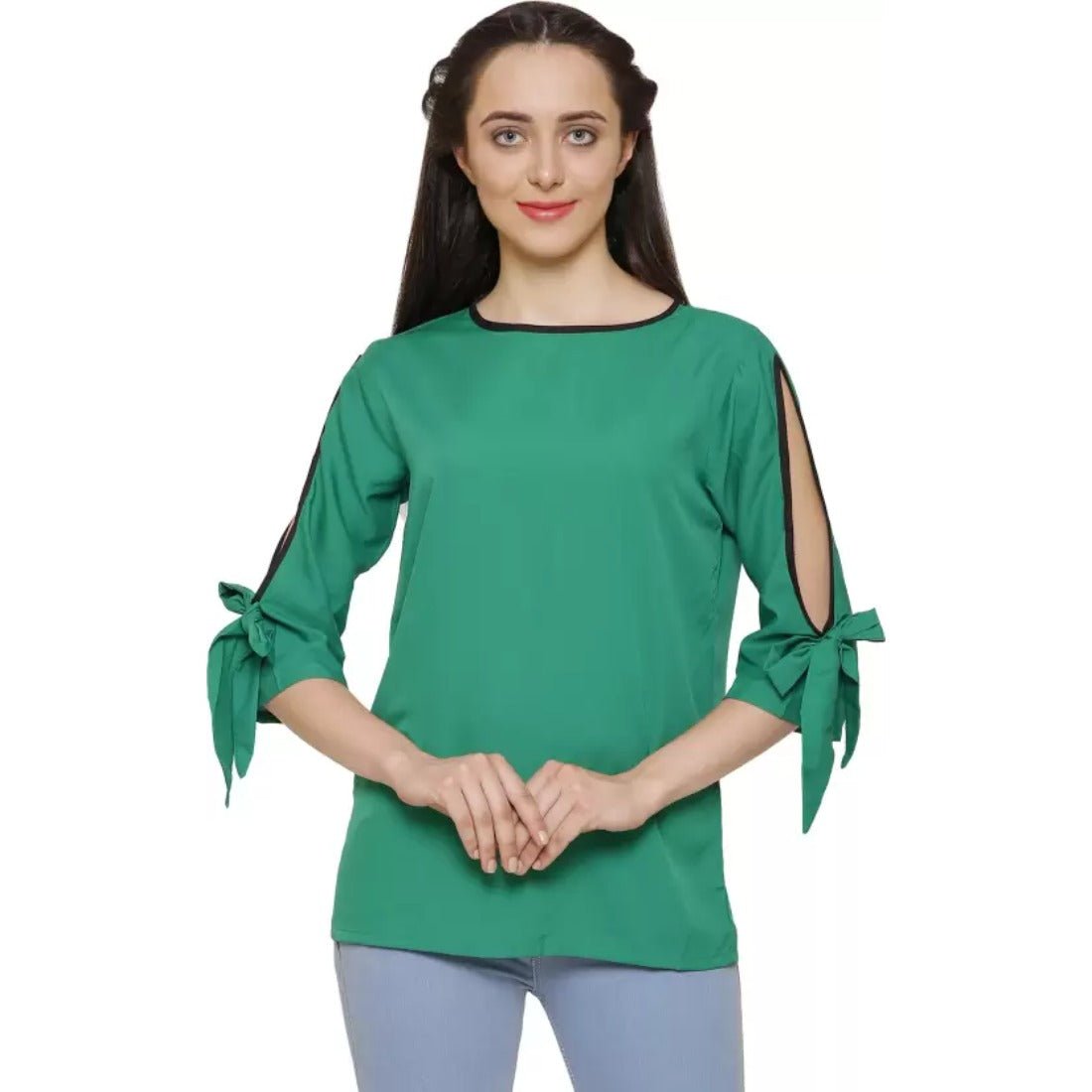 Women's Casual Slit Sleeve Solid Green Top (Color:Green, Material:Poly Crepe) - GillKart