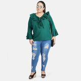 Women's Casual Bell Sleeve Solid Green Top (Color:Green, Material:Georgette) - GillKart