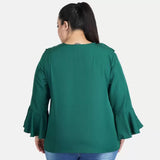 Women's Casual Bell Sleeve Solid Green Top (Color:Green, Material:Georgette) - GillKart