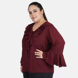 Women's Casual Bell Sleeve Solid Maroon Top (Color:Maroon, Material:Georgette) - GillKart