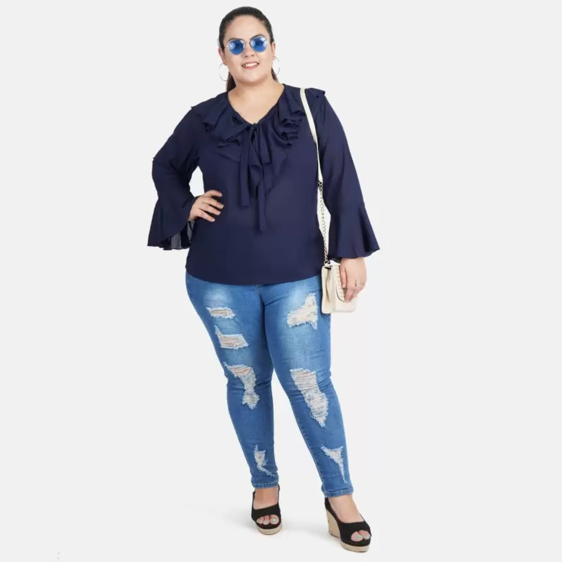 Women's Casual Bell Sleeve Solid Blue Top (Color:Blue, Material:Georgette) - GillKart