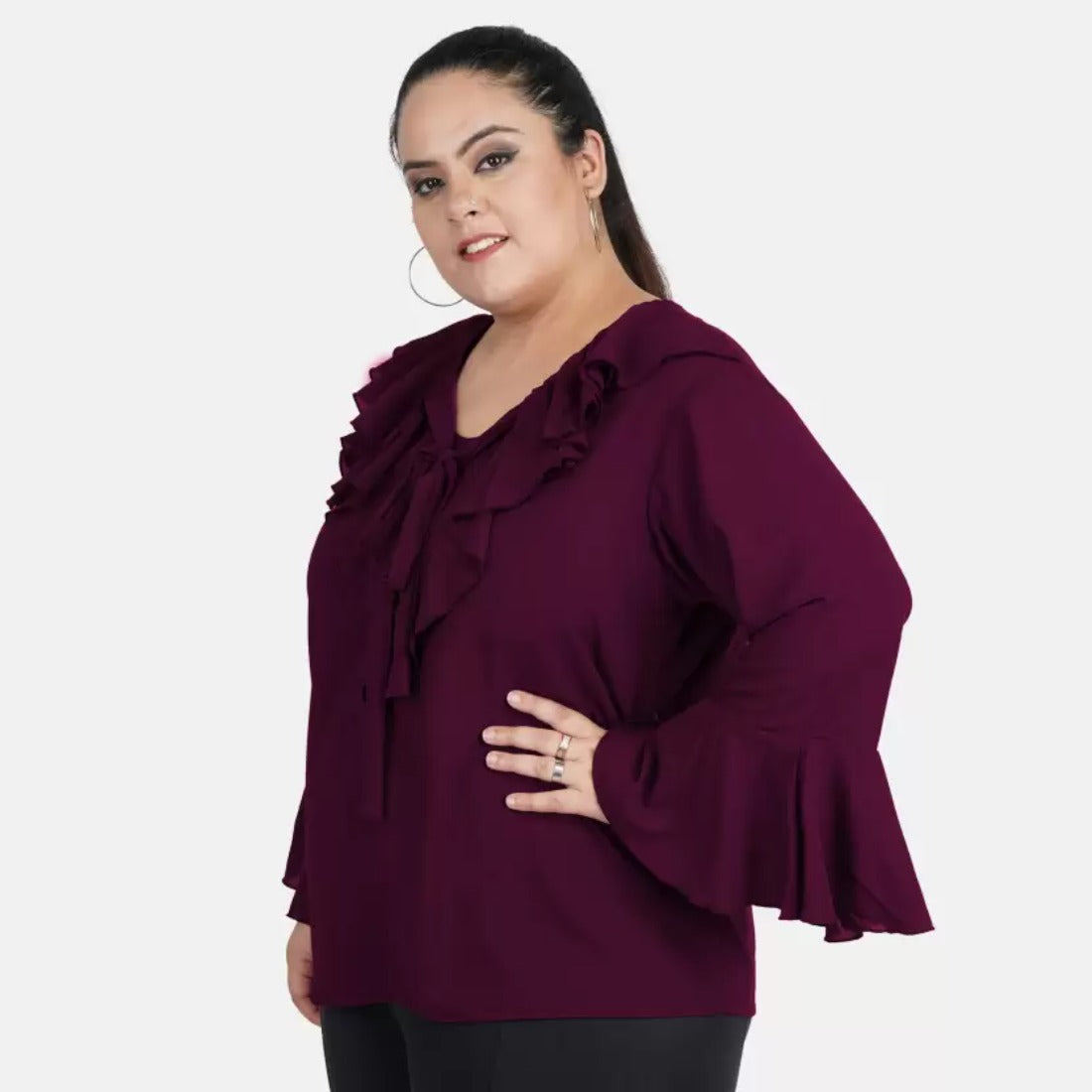 Women's Casual Bell Sleeve Solid Purple Top (Color:Purple, Material:Georgette) - GillKart