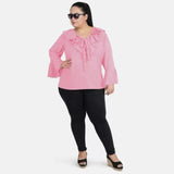 Women's Casual Bell Sleeve Solid Pink Top (Color:Pink, Material:Georgette) - GillKart