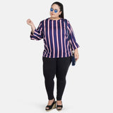 Women's Casual Bell Sleeve Striped Blue Top (Color:Blue, Material:Crepe) - GillKart