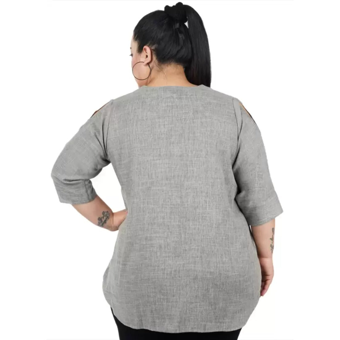 Women's Casual Solid Grey Top (Color:Grey, Material:Cotton Linen Blend) - GillKart