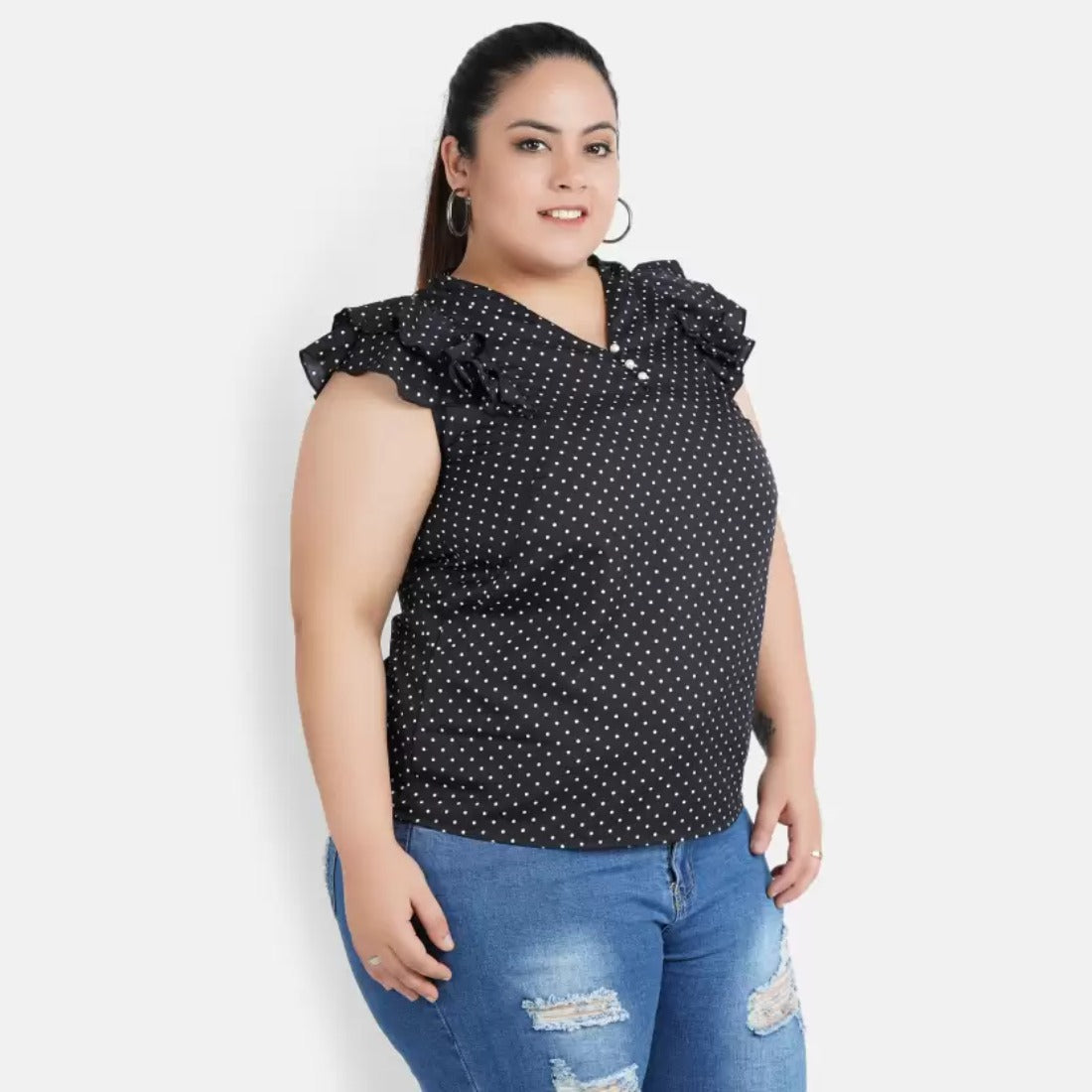 Women's Casual Flutter Sleeve Polka Print Black Top (Color:Black, Material:Crepe) - GillKart