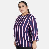 Women's Casual Bell Sleeve Striped Blue Top (Color:Blue, Material:Crepe) - GillKart