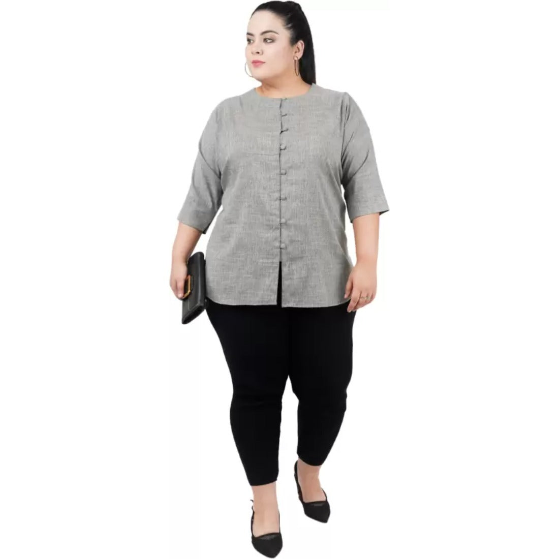 Women's Casual Solid Grey Top (Color:Grey, Material:Cotton Linen Blend) - GillKart