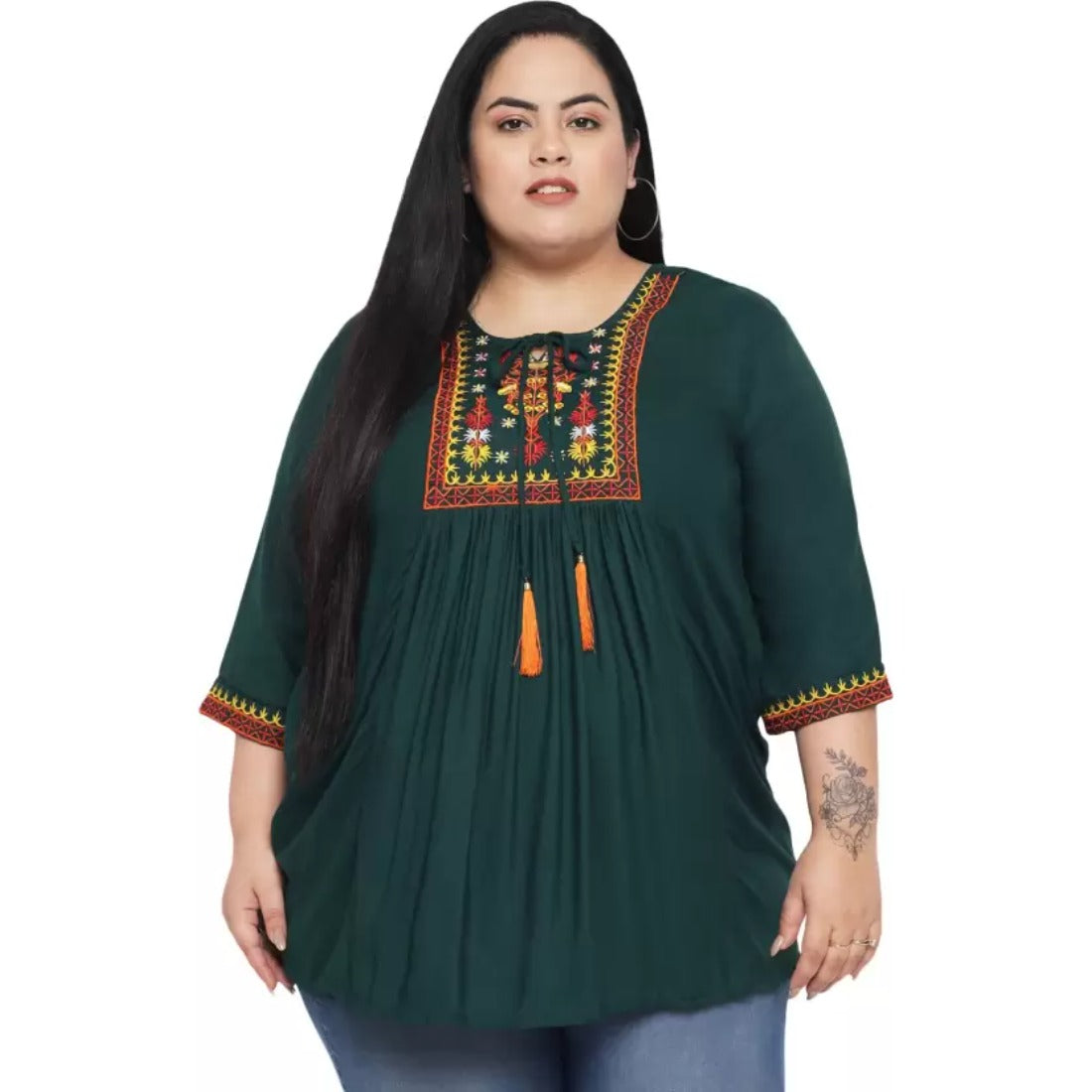 Women's Casual Embroidered Dark Green Top (Color:Dark Green, Material:Rayon) - GillKart